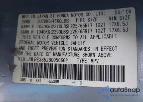 2008 Honda Cr-V Ex from USA, damaged, VIN JHLRE38528C050602